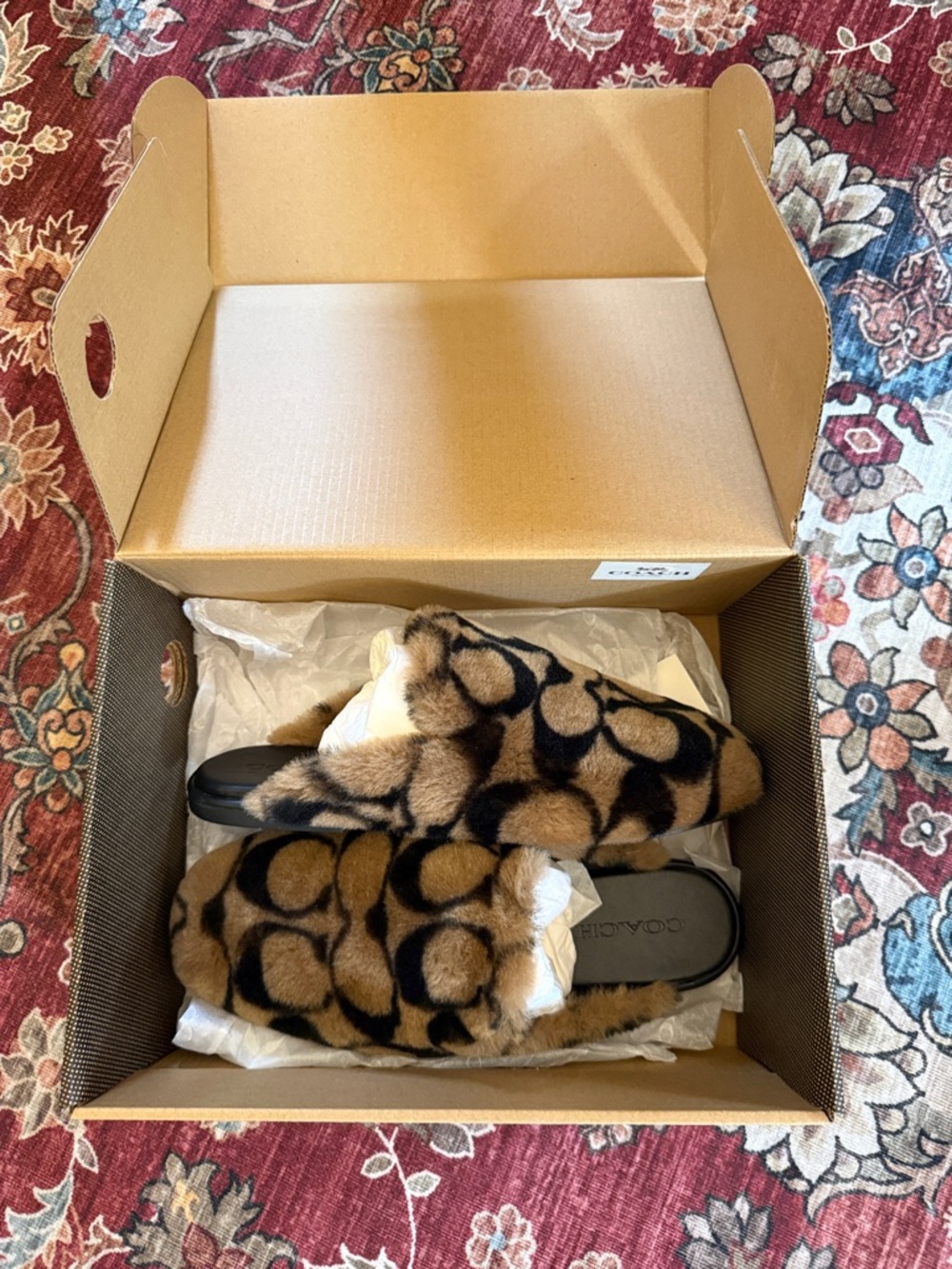 Coach Faux Shearling Slide Sandals in Tan and Black Signature Print. new in box
